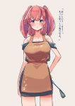  1girl alternate_costume apron atlanta_(kantai_collection) black_dress breasts brown_apron brown_hair character_name cleavage clothes_writing collarbone cowboy_shot dress earrings grey_background grey_eyes highres jewelry kantai_collection komb large_breasts long_hair looking_at_viewer off-shoulder_dress off-shoulder_sweater off_shoulder paw_print simple_background solo spatula standing star_(symbol) star_earrings sweater sweater_dress translation_request two_side_up 