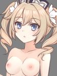  1girl :o absurdres barbara_(genshin_impact) bare_shoulders blonde_hair blue_eyes blush breasts close-up collarbone drill_hair eyebrows_visible_through_hair genshin_impact hair_between_eyes hair_ornament hat highres knine_(platinatelier) medium_breasts nipples simple_background solo topless twin_drills upper_body 