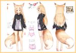  1girl absurdres animal_ears black_hoodie blonde_hair bra breasts brown_eyes character_sheet clothing_cutout commentary_request fox_ears fox_girl fox_tail hair_ornament hairclip highres hood hood_down hoodie long_hair long_sleeves multiple_views onomiya original panties print_hoodie small_breasts tail tail_cutout translation_request turnaround underwear 