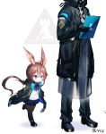  1boy 1girl 1other amiya_(arknights) animal_ear_fluff animal_ears arknights ascot bangs black_footwear black_gloves black_jacket black_legwear black_pants blue_eyes blue_neckwear blue_skirt blush brown_hair bunny_ears commentary_request doctor_(arknights) eyebrows_visible_through_hair gloves hair_between_eyes hand_up highres holding jacket long_hair long_sleeves looking_down low_ponytail notepad open_clothes open_jacket pants pantyhose pleated_skirt ponytail puffy_long_sleeves puffy_sleeves qys3 shadow shirt shoes skirt sleeves_past_wrists solo_focus standing twitter_username very_long_hair white_background white_shirt younger 