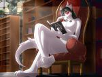  4:3 anthro black_hair blue_eyes breasts casual_nudity claws detailed_background dragon female hair heterochromia holding_object horn nipples nude raynadkins red_eyes sitting smile solo spikes white_body 