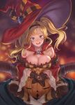  1girl :d asymmetrical_bangs bangs bare_shoulders black_gloves black_hairband blonde_hair blue_eyes blurry blurry_background blush breast_rest breasts cape cleavage commentary_request depth_of_field detached_sleeves eyebrows_visible_through_hair feet_out_of_frame gloves granblue_fantasy hair_intakes hairband halloween halloween_costume hat highres knee_pads large_breasts long_hair long_sleeves looking_at_viewer open_mouth pumpkin red_cape red_headwear shin_guards sidelocks sitting smile solo spread_legs striped striped_legwear tekkai_blade twintails upper_teeth wide_sleeves witch_hat zeta_(granblue_fantasy) 