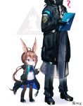  1girl 1other ? amiya_(arknights) animal_ear_fluff animal_ears arknights ascot bangs black_footwear black_gloves black_jacket black_legwear black_pants blue_eyes blue_neckwear blue_skirt blush brown_hair bunny_ears doctor_(arknights) eyebrows_visible_through_hair gloves hair_between_eyes highres jacket long_hair long_sleeves low_ponytail open_clothes open_jacket pants pantyhose pleated_skirt ponytail puffy_long_sleeves puffy_sleeves qys3 shadow shirt shoes skirt sleeves_past_wrists standing twitter_username very_long_hair white_background white_shirt 