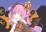  1girl alternate_costume bat_wings blush crown fang halloween_costume hand_on_own_cheek headband heterochromia himemori_luna hololive kanzaki_hiro long_hair looking_at_viewer open_mouth pink_hair portrait pumpkin_background solo wings 