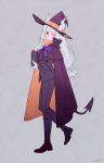  1girl artist_name cape demon_tail full_body gloves grey_neckwear hat helltaker highres holding holding_wand horns looking_at_viewer lucifer_(helltaker) mole mole_under_eye noaharbre one_eye_closed purple_cape purple_headwear red_eyes simple_background solo tail wand white_gloves witch_hat 