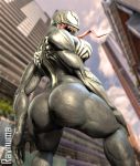  2020 3d_(artwork) alien big_breasts big_butt black_body breasts building butt city day digital_media_(artwork) female hi_res humanoid long_tongue looking_at_viewer looking_back marvel muscular muscular_female muscular_humanoid not_furry outside rayhuma sharp_teeth she-venom sky solo symbiote teeth thick_thighs tongue tongue_out venom_(marvel) white_eyes 