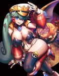  android basket blue_eyes blush breasts cleavage collarbone commentary_request demon_girl demon_wings dgrp_(minhduc12333) green_hair halloween halloween_basket hat head_tilt highres large_breasts long_hair marino navel one_eye_closed ponytail pumpkin robot_ears rockman rockman_x rockman_x_dive skindentation smile solo succubus wings 