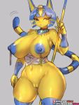  3:4 5_fingers animal_crossing ankha_(animal_crossing) anthro areola big_breasts biped blonde_hair blue_areola blue_clothing blue_hair blue_legwear blue_nipples blue_tail breasts clothing curvaceous curvy_figure domestic_cat egyptian felid feline felis female fingers fur genitals girlsay glistening glistening_body glistening_breasts glistening_fur grey_background hair hi_res holding_object holding_staff huge_breasts humanoid_hands legwear looking_at_viewer mammal mostly_nude narrowed_eyes navel nintendo nipple_piercing nipples piercing portrait pussy short_hair simple_background solo staff standing thick_thighs three-quarter_portrait two_tone_tail uraeus video_games voluptuous wide_hips wraps yellow_body yellow_eyes yellow_fur yellow_tail 