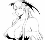  1girl bangs breasts cleavage demon_girl head_wings large_breasts looking_ahead monochrome morrigan_aensland shibusun sketch solo succubus vampire_(game) white_background 