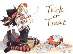  1girl alternate_costume atlantic_puffin_(kemono_friends) bird_tail bird_wings black_dress black_legwear blush bow bowtie chips closed_eyes commentary_request dress eating food frilled_dress frills gloves halloween_costume hat hat_bow head_wings jack-o&#039;-lantern japari_symbol kemono_friends kemono_friends_3 meraton open_mouth orange_legwear orange_neckwear potato_chips puffy_short_sleeves puffy_sleeves shirt short_sleeves sitting solo striped striped_legwear thighhighs trick_or_treat wariza white_gloves white_shirt white_sleeves wings witch_costume witch_hat 