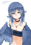  1girl animal_ears bare_shoulders bird_ears bird_wings blue_feathers blue_hair blue_wings choker cross cross_necklace eyebrows_visible_through_hair feathered_wings feathers grey_eyes harpy head_feathers jewelry midriff miura_(rnd.jpg) monster_girl navel necklace open_mouth original rnd.jpg solo strapless tubetop twitter_username winged_arms wings 