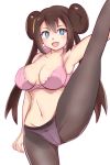  1girl armpits black_legwear blue_eyes blush bra breasts brown_hair double_bun large_breasts legs long_hair looking_at_viewer navel open_mouth panties panties_under_pantyhose pantyhose pokemon pokemon_(game) pokemon_bw2 re-tori rosa_(pokemon) simple_background split standing standing_on_one_leg standing_split twintails underwear underwear_only very_long_hair 