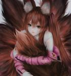  1girl animal_ear_fluff animal_ears aoi_ogata artist_name bangs black_skirt brown_hair clip_studio_paint_(medium) commentary commission english_commentary eyebrows_visible_through_hair fox_ears fox_girl fox_tail green_hair grey_background hair_between_eyes highres jacket kitsune long_hair long_sleeves multiple_tails off_shoulder open_clothes open_jacket original pink_jacket shirt simple_background skirt solo tail tail_hug very_long_hair white_shirt 