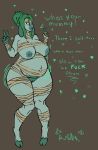  absurd_res anthro awful_lad bandage belly big_belly big_breasts bovid bovine breasts cattle chubby_female female fur genitals green_body green_fur green_hair hair hair_bun hi_res mammal minty_(awful_lad) mummy_costume nipples pregnant pussy slightly_chubby solo thick_thighs tongue tongue_out wide_hips 