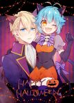  1boy 1girl animal_ears antenna_hair aqua_hair black_gloves blonde_hair blue_eyes cat_ears commentary cosplay eiyuu_densetsu elbow_gloves fangs gloves halloween halloween_costume happy_halloween highres jack-o&#039;-lantern jusis_albarea millium_orion one_eye_closed orange_eyes sano_(merrymerry) sen_no_kiseki short_hair smile sweatdrop 