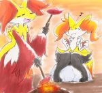  2020 3_fingers ambiguous_gender anthro baked_goods baked_potato big_ears black_body black_fur braixen canid canine cheek_tuft chest_tuft claws closed_smile cooking cute_expression delphox duo eating_food eiroru elemental_manipulation eyes_closed facial_tuft fingers fire fire_manipulation fluffy fluffy_tail food fur furniture hip_tuft holding_food holding_object inner_ear_fluff long_tail mammal multicolored_body multicolored_fur multicolored_tail narrowed_eyes nintendo nude open_mouth open_smile orange_body orange_fur pink_tongue plant pok&eacute;mon pok&eacute;mon_(species) portrait potato red_body red_eyes red_fur ribbons rock seat semi-anthro shoulder_tuft side_view simple_background sitting smile solo standing stick thigh_gap tongue traditional_media_(artwork) tuft vegetable video_games white_body white_fur yellow_body yellow_fur 