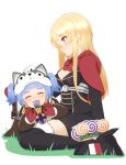  2girls :3 ^_^ animal_costume azur_lane bangs bismarck_(azur_lane) black_dress black_legwear blonde_hair blue_eyes blue_hair blunt_bangs blush breasts brown_legwear candy cap105 cape capelet claw_pose cleavage closed_eyes commentary_request dress eyebrows_visible_through_hair food food_in_mouth full_body fur-trimmed_cape fur-trimmed_legwear fur_trim gloves grass hair_between_eyes hat hat_removed headwear_removed highres iron_cross jacket large_breasts lollipop long_hair long_sleeves looking_at_another military military_hat military_uniform multiple_girls peaked_cap petting red_capelet red_gloves rudder_footwear short_hair short_twintails sidelocks sideways_mouth simple_background sitting smile swirl_lollipop thighhighs twintails u-556_(azur_lane) uniform white_background white_gloves wolf_costume wolf_hat yokozuwari 
