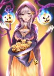  1girl alternate_costume artist_request azur_lane breasts brown_corset cleavage cloak corset dunkerque_(azur_lane) food_themed_hair_ornament hair_ornament halloween hat highres light_purple_hair long_hair long_skirt looking_at_viewer magic open_mouth orange_skirt pumpkin_hair_ornament purple_eyes skirt solo witch_hat 