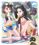  2girls absurdres asymmetrical_bangs bangs barefoot baseball_cap beach beach_towel bike_shorts black_choker black_hair black_headwear black_nails blush brown_eyes brown_hair choker cloud collarbone commentary_request cosplay day dynamax_band earrings eyelashes eyewear_on_headwear food gen_7_pokemon gen_8_pokemon gloria_(pokemon) hat highres holding ice_cream ice_cream_cone jewelry knees_together_feet_apart licking marnie_(pokemon) meltan morpeko morpeko_(hangry) multiple_girls mythical_pokemon nail_polish nessa_(pokemon) nessa_(pokemon)_(cosplay) obstagoon open_clothes open_mouth outdoors pokemoa pokemon pokemon_(creature) pokemon_(game) pokemon_swsh red_ribbon ribbon sand sandals sandygast shore sky soles sunglasses swimsuit tattoo toes tongue towel water 