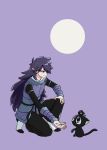  2boys absurdres black_cat black_hair black_pants blue_menouu cat fengxi_(the_legend_of_luoxiaohei) glint highres kneeling long_hair long_sleeves luoxiaohei multiple_boys pants pointy_ears purple_background purple_eyes simple_background smile the_legend_of_luo_xiaohei 