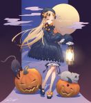  1girl abigail_williams_(fate/grand_order) black_cat black_dress black_ribbon blonde_hair blue_eyes cat cloud dress fate/grand_order fate_(series) grey_cat hair_ribbon halloween jack-o&#039;-lantern kibou lantern long_hair long_sleeves looking_at_viewer mary_janes moon multicolored multicolored_background orange_ribbon oversized_clothes puffy_dress puffy_sleeves pumpkin purple_background ribbon shadow shoe_ribbon shoes signature solo star_(symbol) very_long_hair 