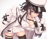  1girl :d azur_lane bangs belt black_belt black_gloves black_hair black_legwear black_ribbon blush breasts cleavage coat coat_dress collarbone commentary cowboy_shot detached_collar double-breasted dress eyebrows_behind_hair fur-trimmed_coat fur_trim gloves hair_between_eyes hair_ribbon hand_on_hip hanging_breasts hat highres large_breasts leaning_forward long_hair long_sleeves looking_at_viewer lower_teeth moss_(user_srre5225) one_side_up open_mouth padded_coat pamiat_merkuria_(azur_lane) purple_eyes ribbon russian_clothes sidelocks simple_background skindentation smile solo standing thigh_strap thighhighs white_background white_coat white_dress white_headwear zettai_ryouiki 