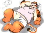  2020 absurd_res anthro blush bulge clothing felid hi_res kemono lying male mammal overweight overweight_anthro overweight_male pantherine pillow shirt simple_background solo tiger topwear underwear white_background xianwolf_m 