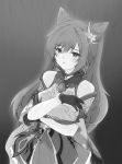  1girl :o bare_shoulders breast_hold breasts choker devilnevercryzero dress eyebrows_visible_through_hair genshin_impact gloves graphite_(medium) greyscale hair_ornament hand_on_own_chest highres keqing long_hair monochrome pleated_skirt simple_background skirt solo traditional_media twintails 