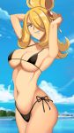  1girl arms_up beach bikini blonde_hair cynthia_(pokemon) grey_eyes grin hair_bun hair_ornament hair_over_one_eye highres navel pokemon pokemon_(game) pokemon_masters_ex smile solo swimsuit vivivoovoo 