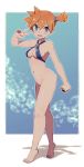  1girl barefoot bikini bikini_top blue_bikini blue_eyes bottomless breasts criss-cross_halter full_body halterneck highres holding holding_poke_ball lamb-oic029 legs looking_at_viewer medium_breasts misty_(pokemon) navel orange_hair poke_ball poke_ball_(basic) pokemon pokemon_(anime) pokemon_(classic_anime) short_hair side_ponytail smile solo standing swimsuit toes w 