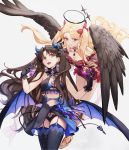  2girls bangs bare_shoulders bat_wings black_hair black_wings blonde_hair blush bow breasts ereshkigal_(fate/grand_order) fate/grand_order fate_(series) feathered_wings hair_bow halloween_costume halo highres ishtar_(fate)_(all) ishtar_(fate/grand_order) long_hair medium_breasts multiple_girls parted_bangs red_bow red_eyes siya_ho thighhighs thighs two_side_up wings 