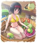  1girl absurdres bangs bare_arms barefoot bellossom bikini bikini_bottom black_hair breasts budew cleavage closed_mouth collarbone commentary_request erika_(pokemon) eyebrows_visible_through_hair eyelashes foongus gen_2_pokemon gen_3_pokemon gen_4_pokemon gen_5_pokemon grass hairband highres holding innertube lotad mythical_pokemon navel pokemoa pokemon pokemon_(creature) pokemon_(game) pokemon_frlg shaymin shaymin_(land) short_hair sitting smile soles swimsuit toes turtwig water 