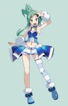  1girl :d aqua_eyes aqua_hair arm_up armpits asymmetrical_hair bangs bare_shoulders blue_bow blue_footwear blue_legwear bow breasts choker cleavage collarbone commentary earrings eyebrows_visible_through_hair full_body fur_trim hair_ornament idol jewelry lisia_(pokemon) long_hair looking_at_viewer midriff navel one_side_up open_mouth pokemon pokemon_(game) pokemon_oras shirt shoes short_shorts shorts showgirl_skirt sidelocks simple_background single_thighhigh sleeveless sleeveless_shirt smile solo standing standing_on_one_leg striped striped_legwear thighhighs tsukishiro_saika two-tone_legwear upper_teeth v white_legwear white_shirt white_shorts 