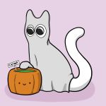  absurd_res ambiguous_gender big_eyes big_tail catnip clothing costume domestic_cat english_text felid feline felis feral food fruit fur ghost hi_res looking_at_viewer mammal orbitalis pink_background plant pumpkin simple_background smile solo spirit text white_body white_fur 