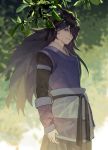  1boy black_hair cowboy_shot fengxi_(the_legend_of_luoxiaohei) hair_over_one_eye highres leaf long_hair long_sleeves looking_at_viewer outdoors purple_eyes smile solo the_legend_of_luo_xiaohei tree xiandao1213 