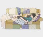  1boy aqua_shirt black_cat black_hair cat couch highres lying mgm_f5 original pillow profile shirt short_hair short_sleeves solo 