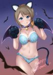  1girl :q animal_ears bangs bare_arms bare_shoulders bat bat_wings bell bell_choker black_wings blue_bra blue_choker blue_eyes blue_panties blurry blush bow bow_bra bow_panties bra breasts brown_hair cat_ears cat_tail choker cleavage closed_mouth collarbone cowboy_shot depth_of_field fake_animal_ears fake_tail gloves gradient gradient_background halloween happy_halloween jingle_bell lace-trimmed_bra lace-trimmed_panties lace_trim love_live! love_live!_sunshine!! medium_breasts navel panties paw_gloves paws purple_background reminiscence202 short_hair smile solo stomach swept_bangs tail thighs tongue tongue_out translation_request underwear underwear_only v-shaped_eyebrows watanabe_you wings 
