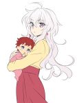  1boy 1girl ahoge baby carrying earrings if_they_mated jewelry lanlanlap light_purple_hair long_sleeves mother_and_son older purple_eyes red_hair senki_zesshou_symphogear senki_zesshou_symphogear_xd_unlimited white_background yukine_chris 