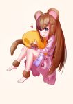  1girl absurdres animal_ears bell_orgel blue_eyes blush brown_hair dormouse_(monster_girl_encyclopedia) full_body fur hair_ornament hairclip highres long_sleeves looking_at_viewer monster_girl monster_girl_encyclopedia mouse_ears mouse_girl mouse_tail open_mouth pajamas pillow pillow_hug simple_background solo tail 