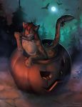  anthro ashnu brown_body brown_fur butt ear_piercing feliciacat felid food fruit fur hair halloween_decoration hi_res knife licking long_tail looking_at_viewer machairodontine male mammal moon night nipples nude orange_eyes piercing plant pumpkin raised_tail red_hair solo tongue tongue_out 