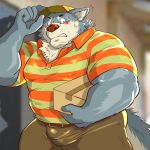  2020 anthro belly blush bottomwear box bulge canid canine canis clothing delivery_(commerce) delivery_employee hat headgear headwear hi_res humanoid_hands kemono male mammal overweight overweight_anthro overweight_male pants postal_carrier postal_delivery raichoclub shirt solo topwear wolf 