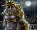  2girls arm_under_breasts breasts covered_eyes dark_souls dark_sun_gwyndolin dress full_moon highres hug hug_from_behind lady_of_the_darkling large_breasts magenta mask moon multiple_girls night outdoors souls_(from_software) sun_(symbol) veil white_dress white_hair white_robe yuri 