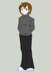  2013 barefoot bottomwear brown_hair clothing hair hi_res human human_only looking_aside male mammal not_furry pants rifel shirt simple_background solo standing topwear 