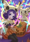  1girl :3 absurdres acerola_(pokemon) bead_bracelet beads blush bracelet candy commentary_request cosplay eyelashes food gen_7_pokemon gloves halloween happy head_tilt highres holding holding_candy holding_food holding_lollipop hood hood_up jack-o&#039;-lantern jewelry kazuhiro_(user_aprk8784) light lollipop looking_at_viewer mimikyu mimikyu_(cosplay) open_mouth pokemon pokemon_(creature) pokemon_(game) pokemon_masters_ex purple_eyes purple_hair single_glove sitting smile 