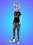  absurd_res anthro bottomwear cervid clothing costume footwear hi_res male mammal pankanchan pants shirt shoes simple_background smile solo topwear 