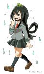  1girl absurdres arm_at_side arm_up asui_tsuyu bangs black_eyes black_legwear blush boku_no_hero_academia brown_footwear buttons character_name fingernails frog frog_on_head full_body green_skirt grey_shirt hair_between_eyes hair_rings hand_to_own_mouth highres kneehighs loafers long_hair long_sleeves looking_up low-tied_long_hair manmi necktie nervous pink_nails pleated_skirt red_neckwear school_uniform shirt shoes skirt solo u.a._school_uniform very_long_hair walking water_drop 