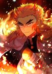  1boy absurdres black_jacket blurry blurry_background cape closed_mouth commentary_request depth_of_field highres jacket katana kimetsu_no_yaiba looking_at_viewer male_focus multicolored_hair orange_hair pekerika red_eyes red_hair rengoku_kyoujurou smile solo streaked_hair sword thick_eyebrows upper_body weapon white_cape 