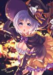  1girl :o bat_hair_ornament black_gloves bow breasts broom broom_riding capelet cleavage commentary dennou_shoujo_youtuber_siro elbow_gloves frilled_gloves frills gloves hair_ornament hairclip halloween hand_on_headwear hat hat_ribbon highres large_breasts lens_flare light_purple_hair open_mouth purple_bow purple_eyes revision ribbon shashaki siro_(dennou_shoujo_youtuber_siro) solo trick_or_treat virtual_youtuber witch witch_hat 