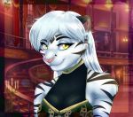  anthro black_body black_fur breasts clothed clothing detailed_background felid female fur hair mammal multicolored_body multicolored_fur pantherine raynadkins smile solo tiger two_tone_body two_tone_fur white_body white_fur white_hair yellow_eyes 