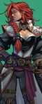  1girl braid braided_ponytail breasts captain_fortune cleavage cowboy_shot green_background green_eyes league_of_legends official_art pirate_costume promotional_art red_hair ruined_king:_a_league_of_legends_story sarah_fortune simple_background 